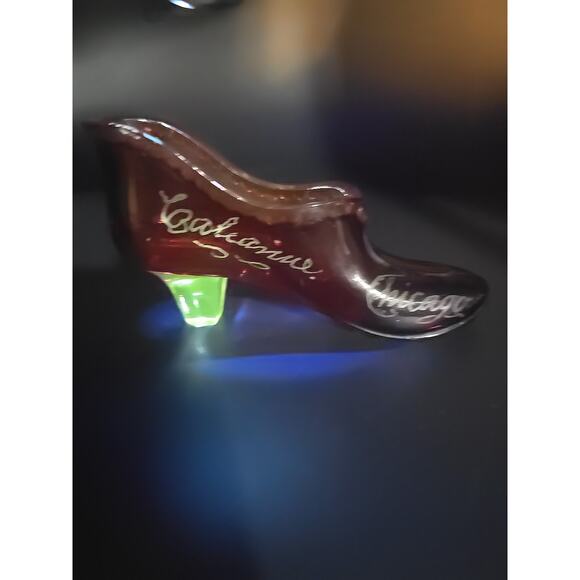 1934 Worlds Fair, Ruby Red Flash Hand Painted Clear Pressed Glass Slipper GLOWS - Picture 5 of 6